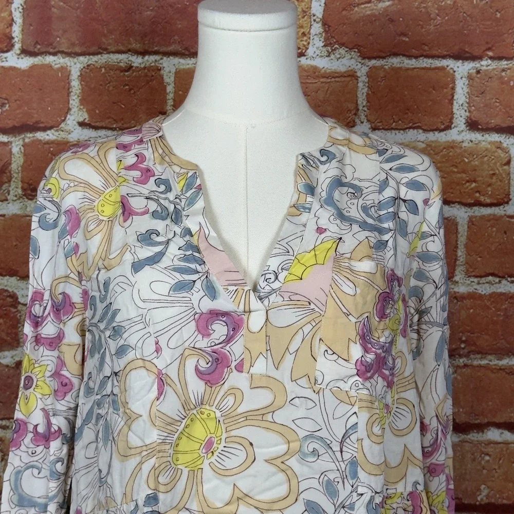 Maeve By Anthropologie Long Sleeve Blouse Women Size 6 V Neck Ivory Floral‎ Boho